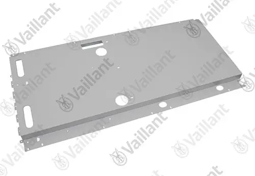 Graue Metallrückwand von Vaillant mit Ausschnitten und Bohrungen, geeignet für die Montage. Flache, rechteckige Form, keine spezifischen Maße erkennbar.